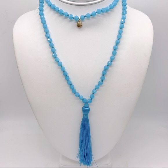 J. Crew Blue Beaded Tassel Pendant Necklace - Picture 1 of 3